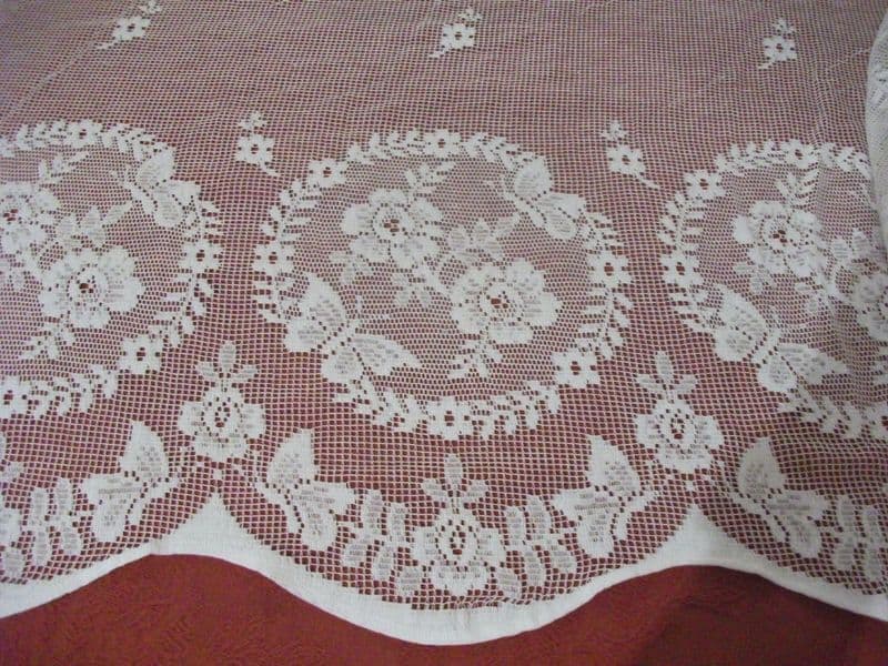 Vintage Cotton White Nottingham, Butterfly Garden Lace curtain 45cms drop
